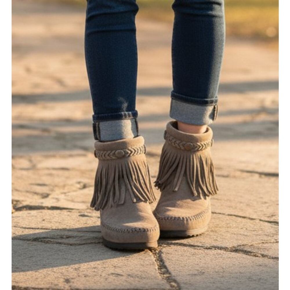 Minnetonka Taupe Suede High Top Back Zip Fringe Boots - Size 7